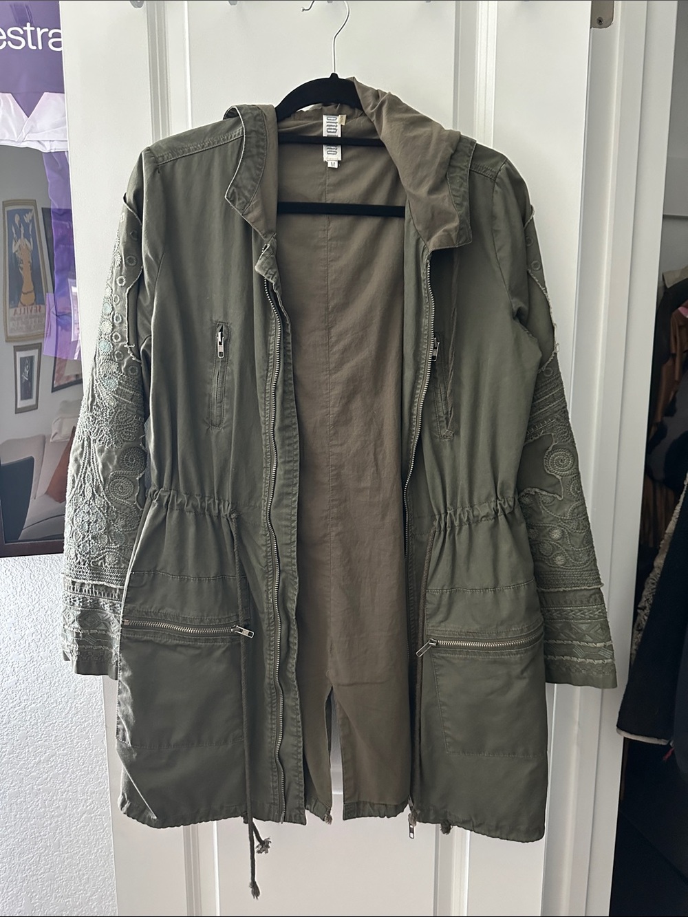 Monoreno Olive Green Embroidered Utility Jacket